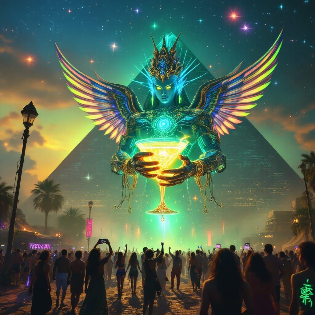 Cyberpunk Rave Party amidst Giza Pyramids