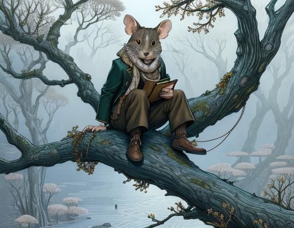 Anthro Mouse Above Floodwaters, Children's Book Illustration