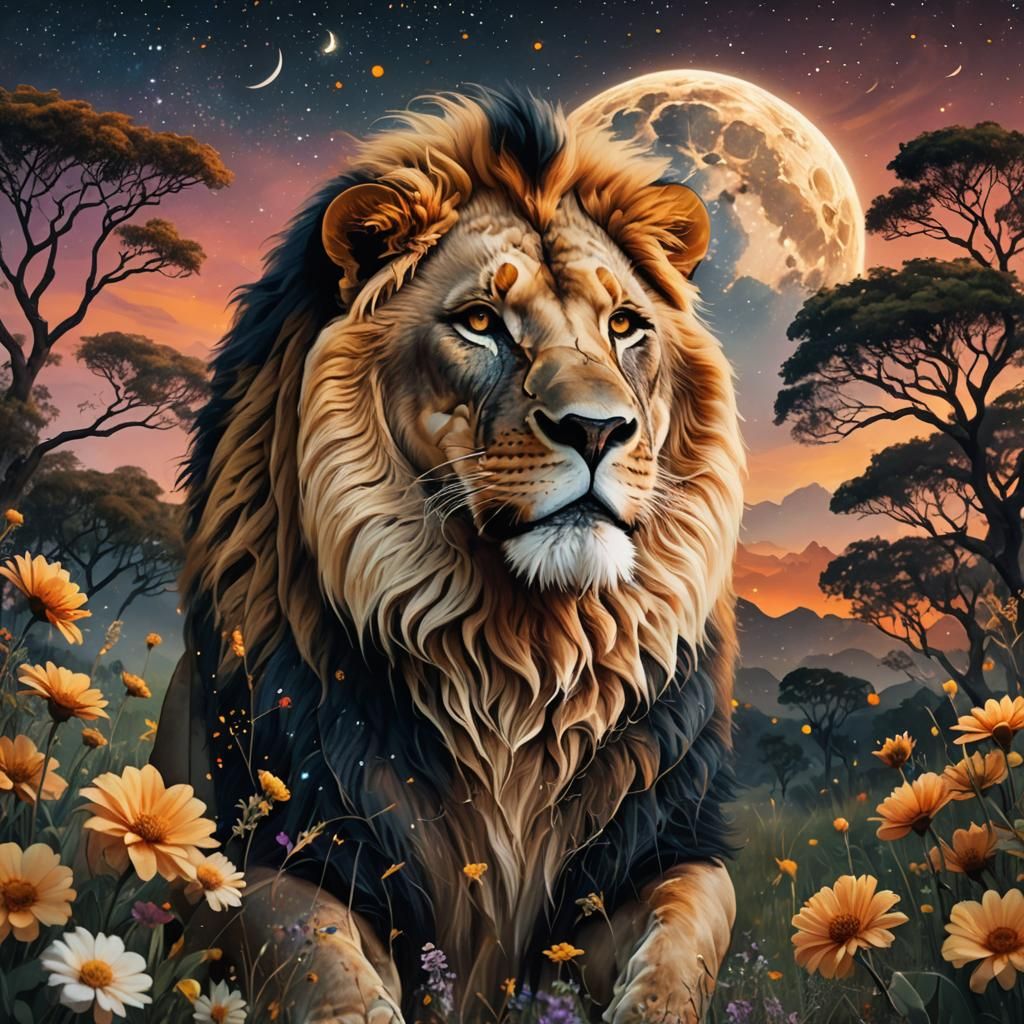 Lion Double Exposure with Savannah Landscape, Digital Art