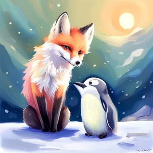 Cute Baby Fox and Penguin in Anime Style