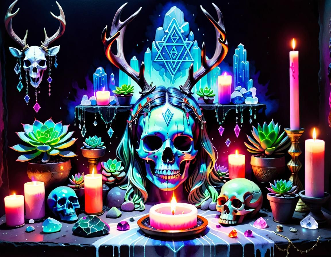 Goddess Altar with Neon Skull in Watercolor