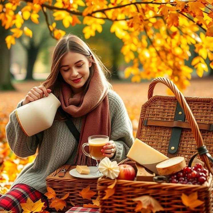 Enchanting Autumn Picnic Scene in Golden Sunlight