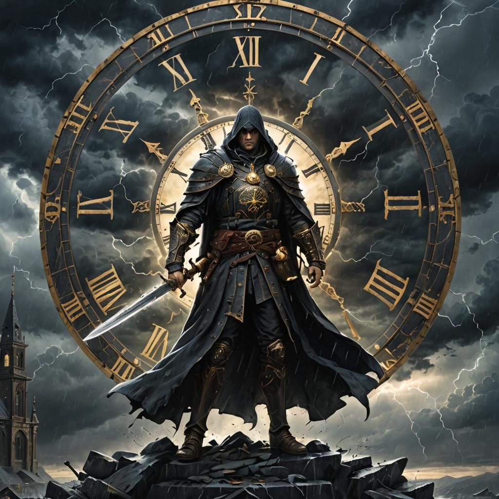 Figure with Sword Before a Glowing Clock