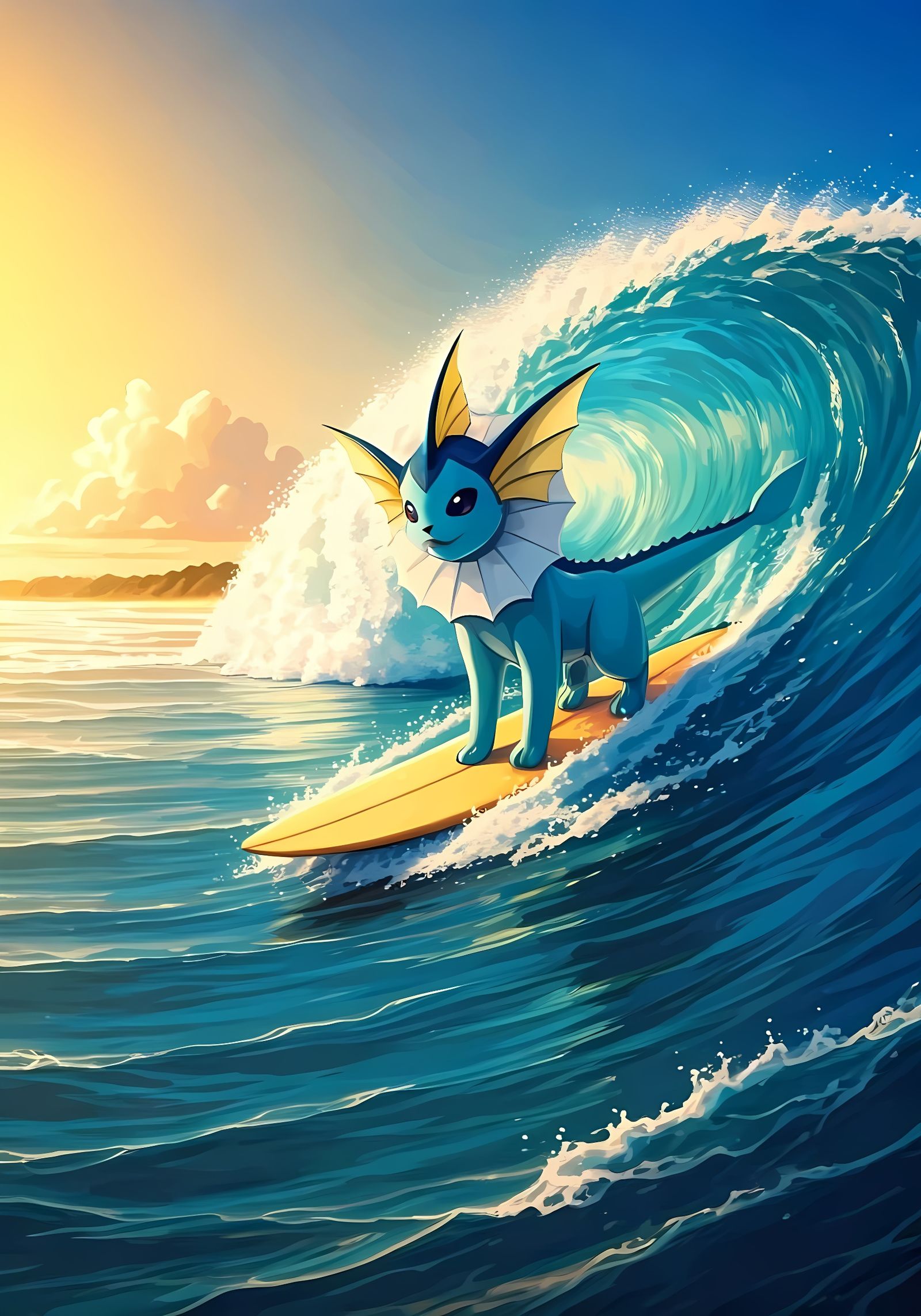 Vaporeon Rides the Waves in a Vibrant Beach Scene