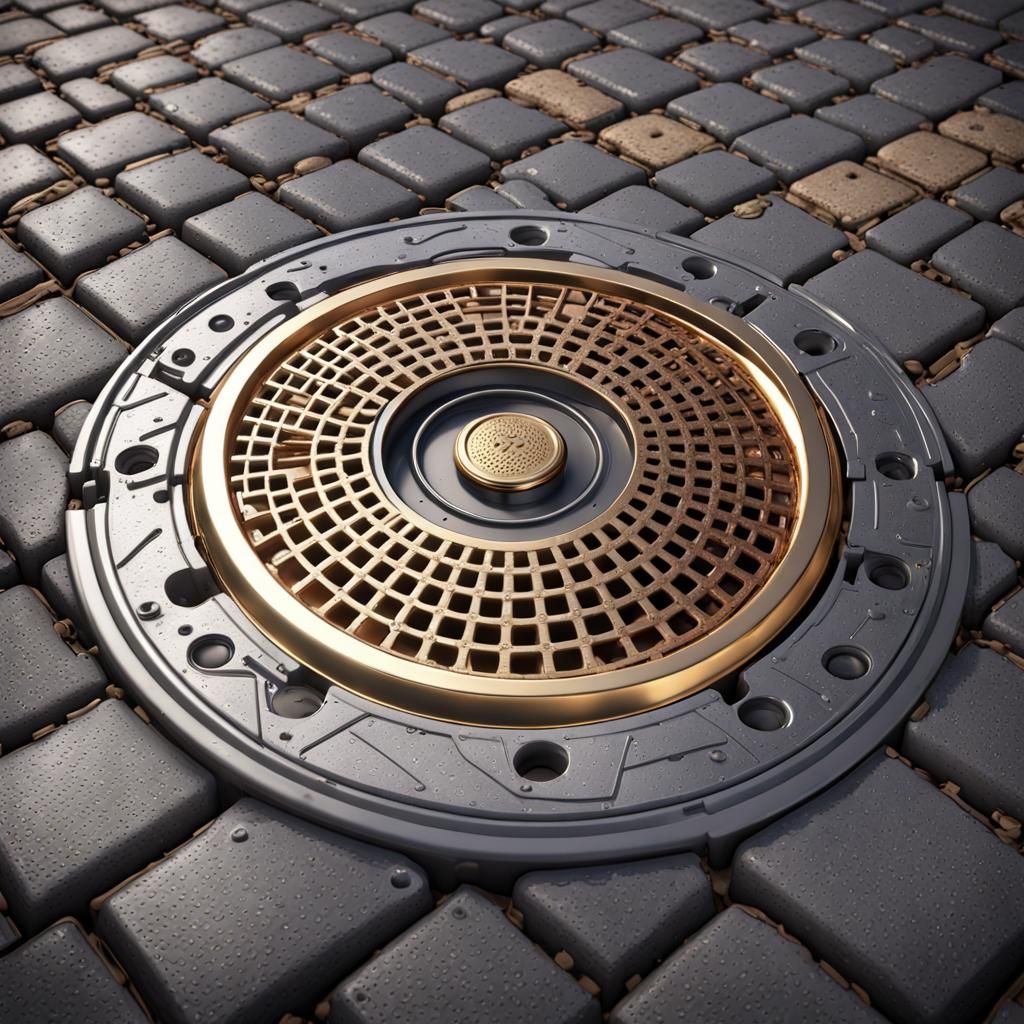 Futuristic Manhole Cover Woven from Chrome and Brass