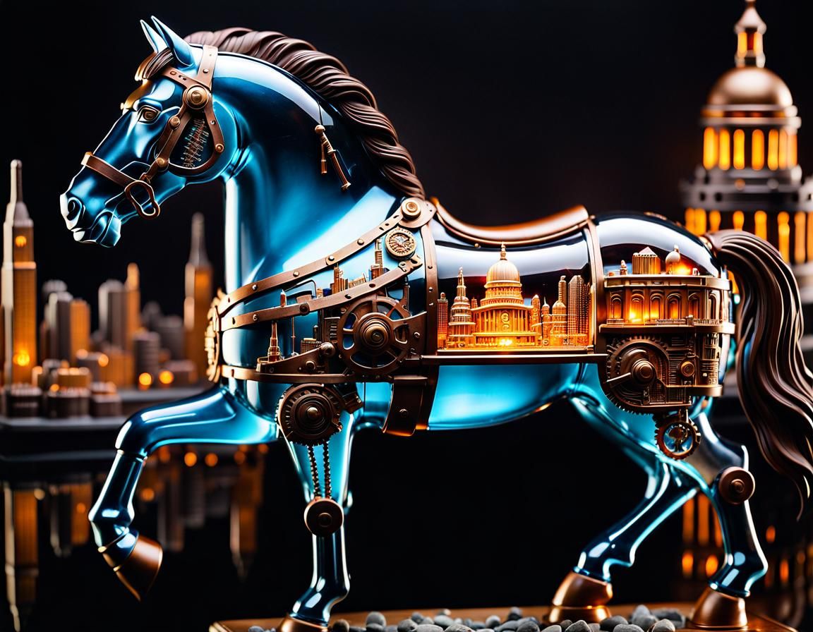 Steampunk Glass Trojan Horse with Miniature City