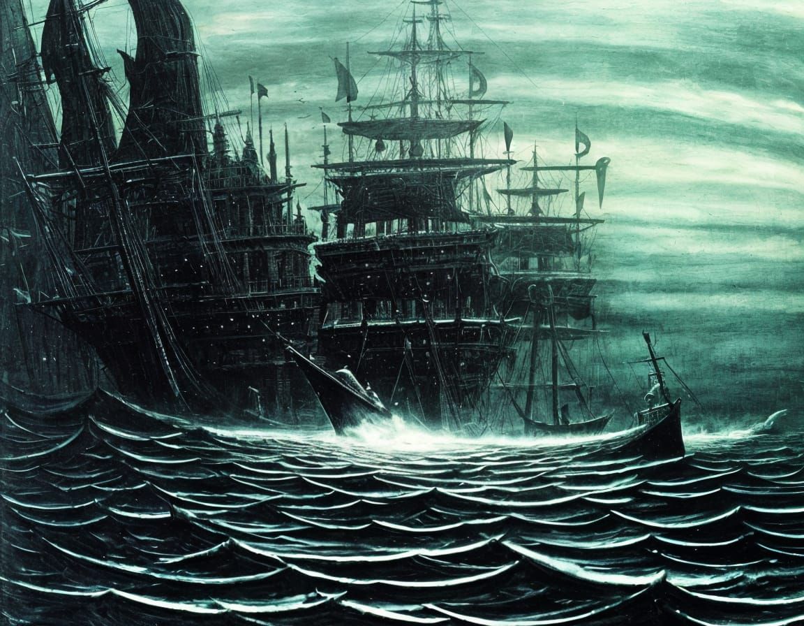 Surreal Pirate Ghost Ship at Night in Dark, Detailed Style