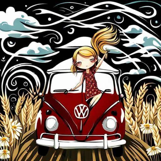 Chibi Girl Driving VW Car in Psychedelic Style