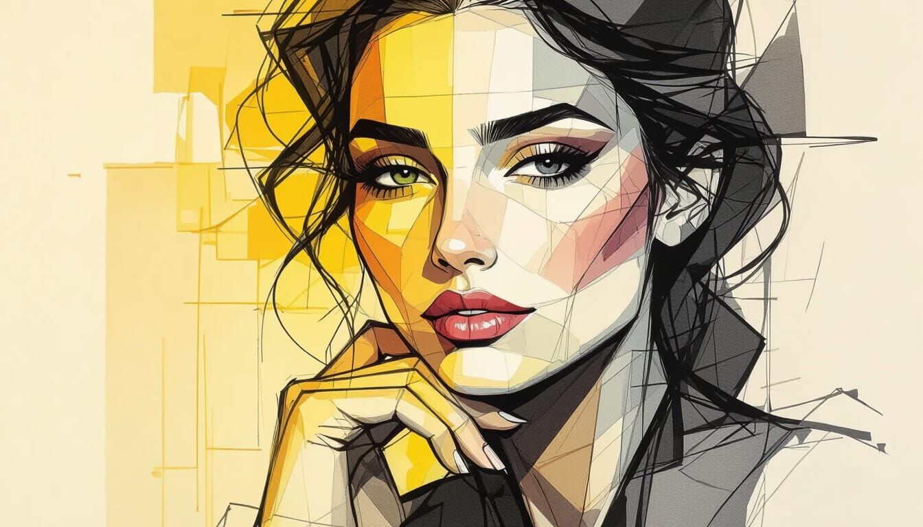 Abstract Ink Portrait of a Woman Blending Realism and Geomet...