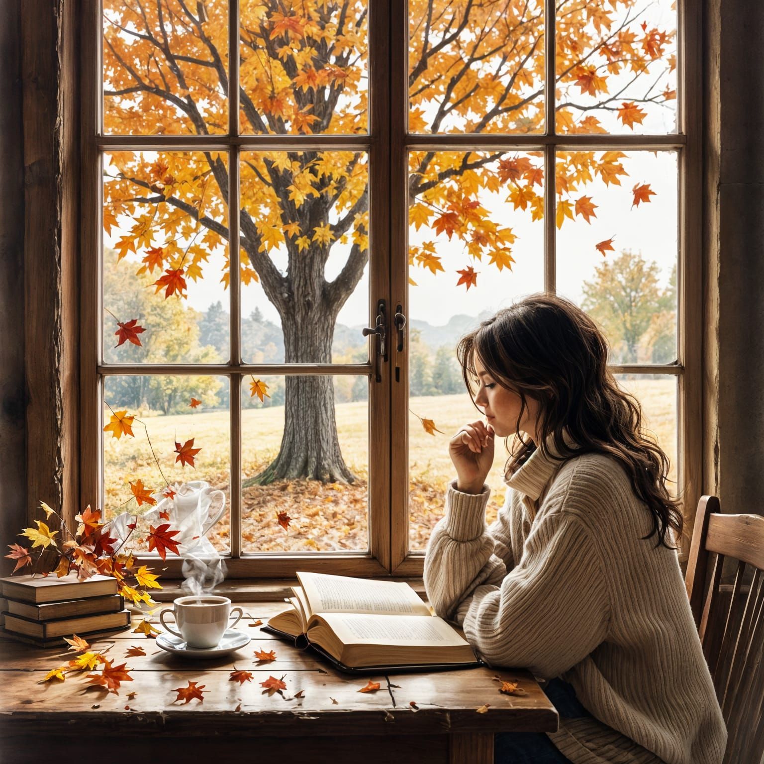 Autumn Reading Nook with Falling Leaves