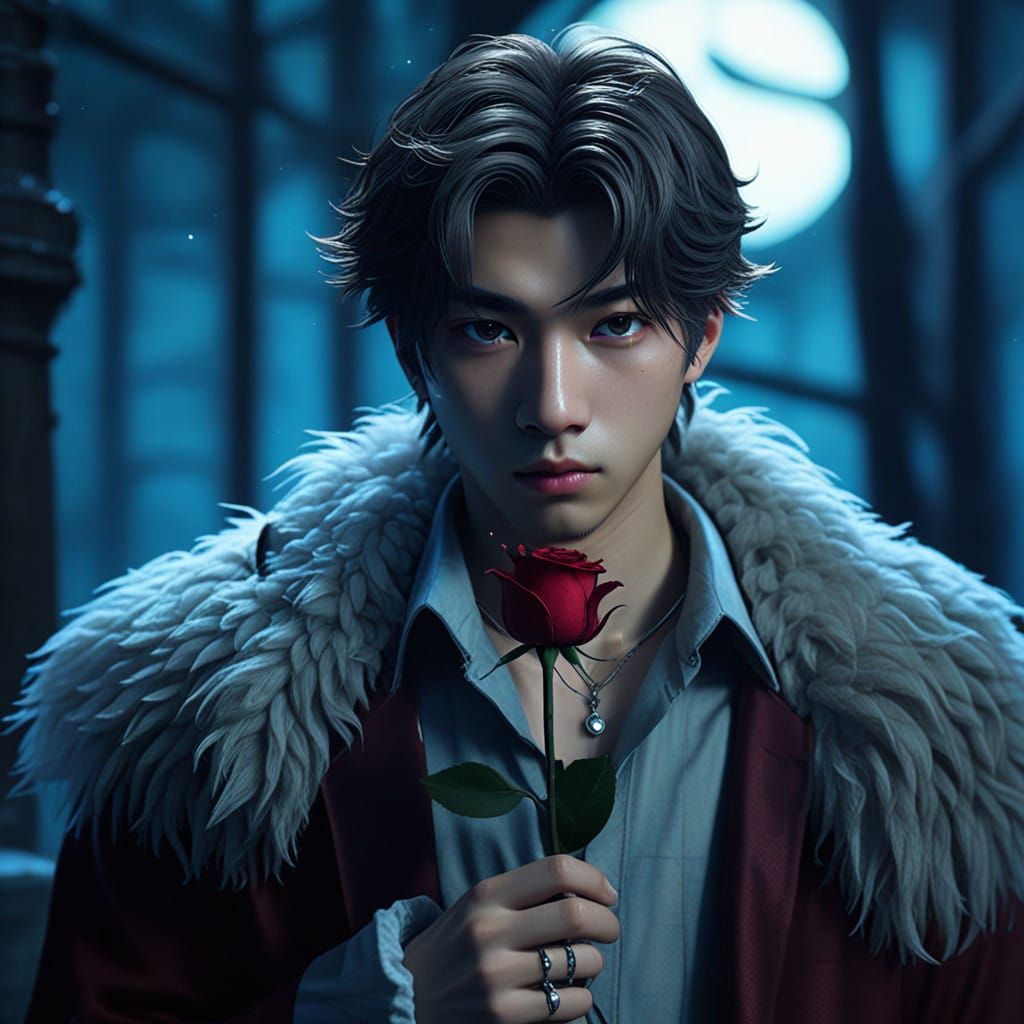 Sleek BTS Namjoon Holds a Crimson Rose in Elegant 3D Anime A...