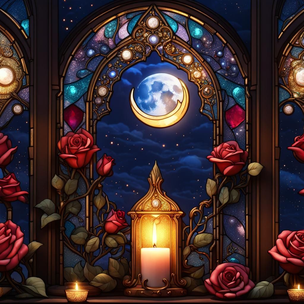 Stained Glass Window with Roses and Gemstones