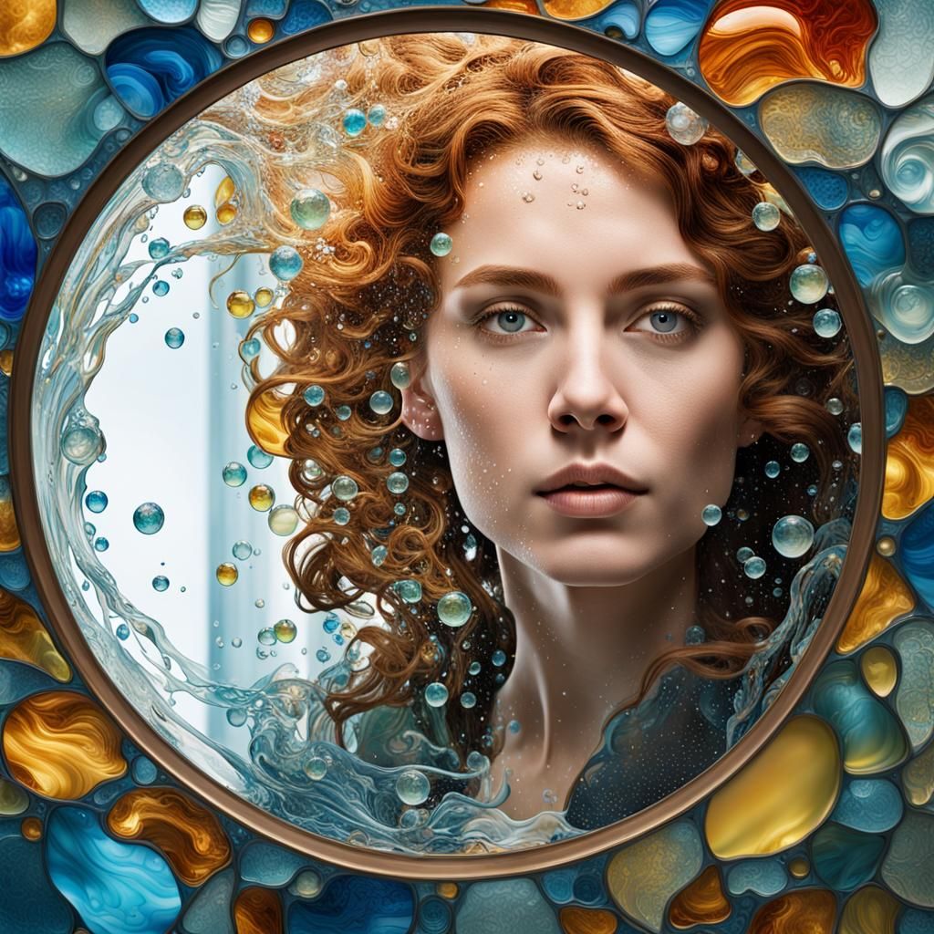 Stained Glass Woman Emerging from Art Nouveau Mirror