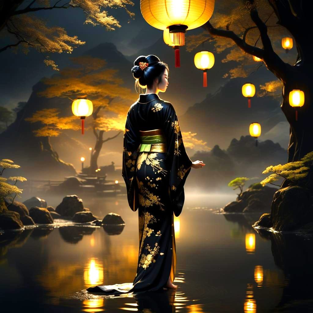 Bioluminescent Geisha in Tea Room: Digital Matte Painting