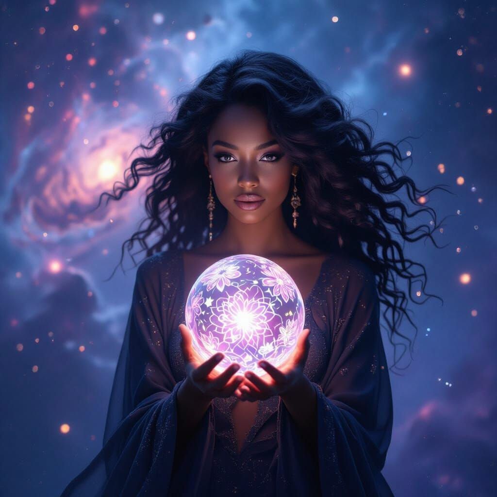 Ethereal Woman in Cosmic Nebula with Glowing Orb