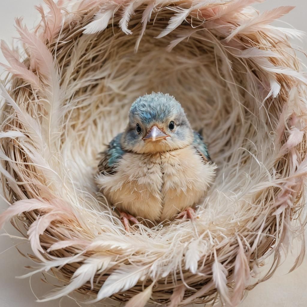 A baby bird made entirely of pastel feathers, iridescent spa...