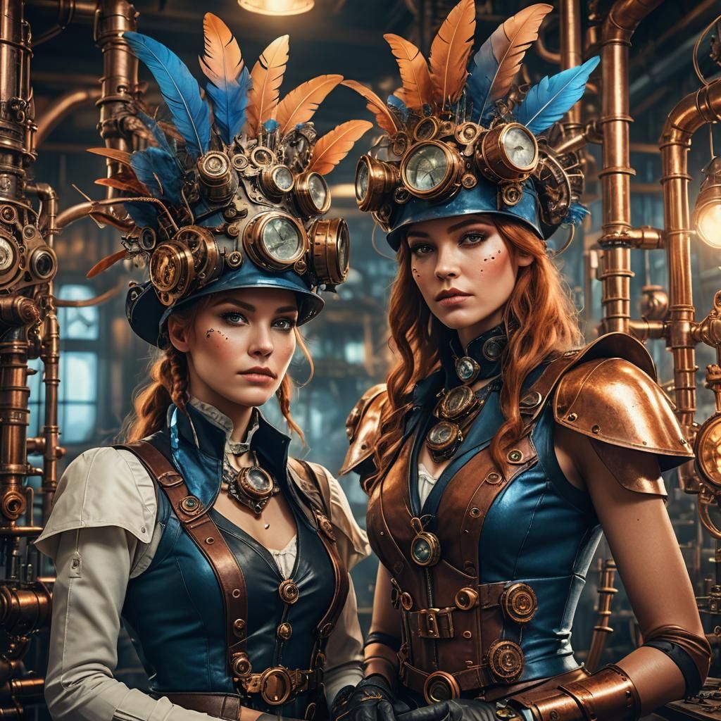Bionic Women in Steampunk Laboratory: Digital Art