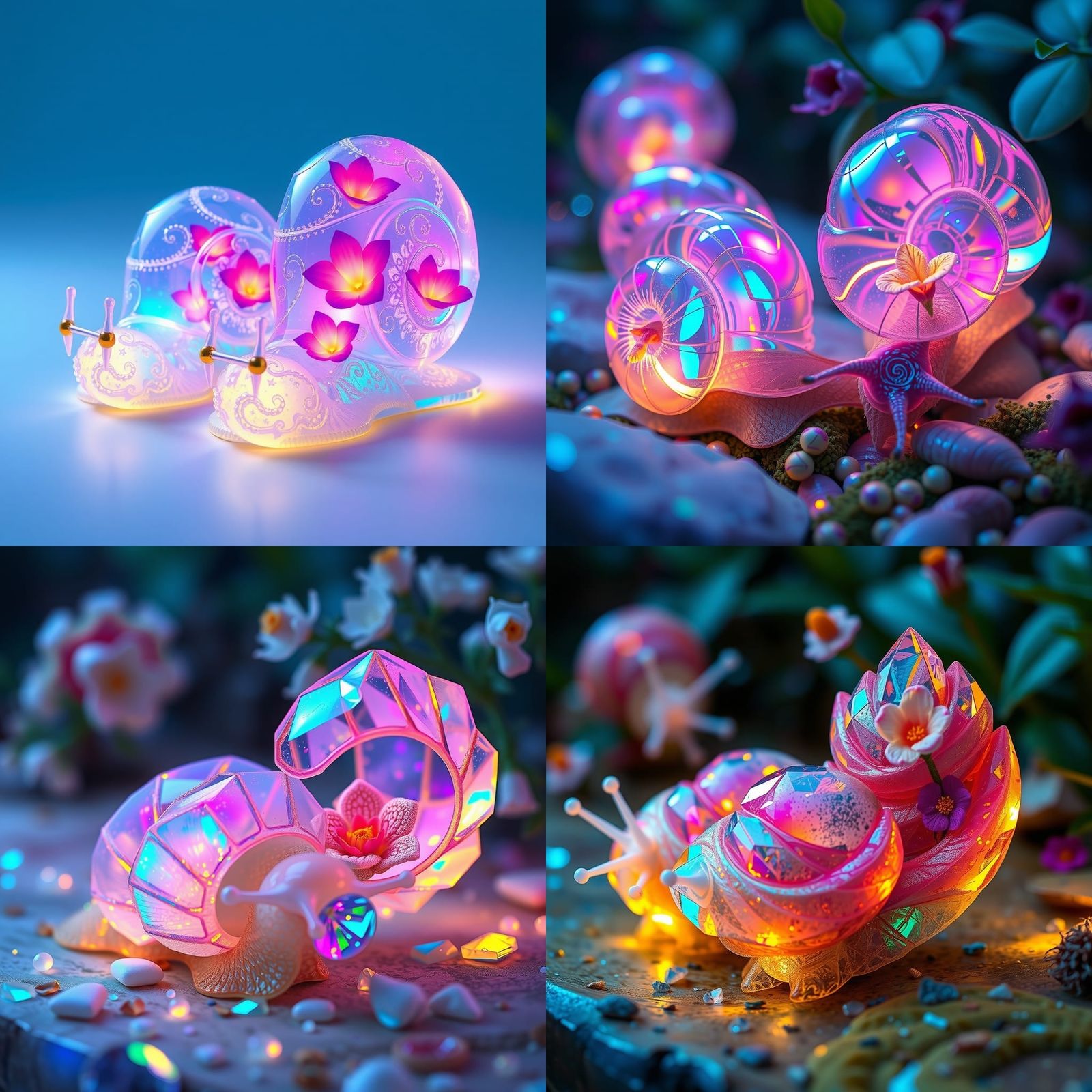 Crystal Snails with Floral Shells: Detailed Fantasy Art