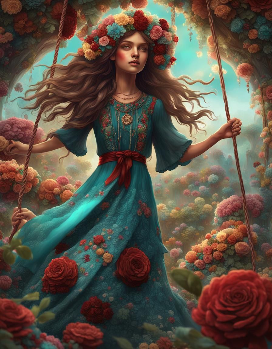 Boho Hippie Girl on Flower Swing: Fantasy Art