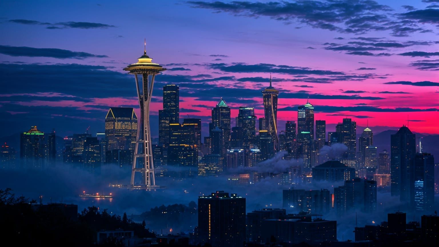 Seattle Night Skyline with Illuminated Skyscrapers