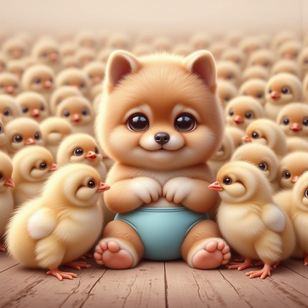 Ginger Pomeranian Puppy Surrounded by Pastel Chicks