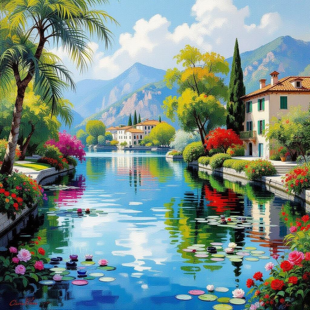 Vibrant Garden of Eden Floating Above Lake, Impressionist St...