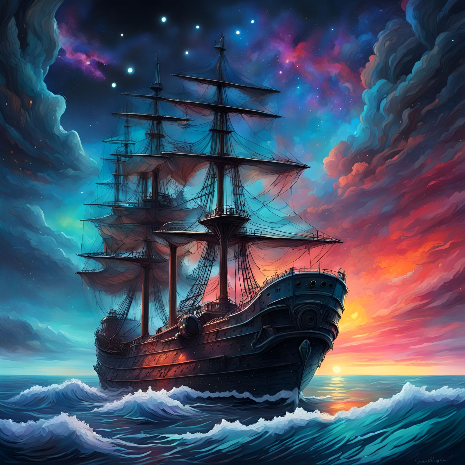 Lonely Frigate Under Starry Sky, Graffiti Art