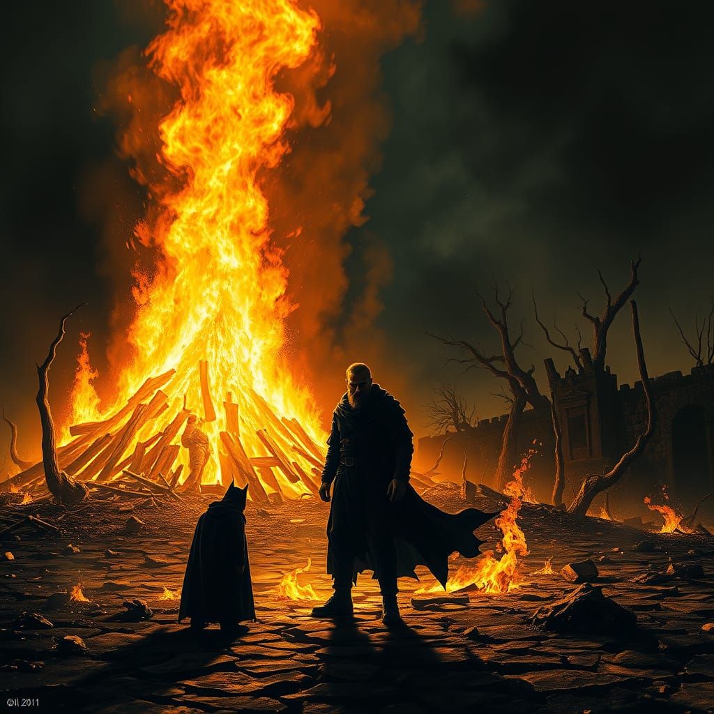 Gothic Fantasy Figure Silhouetted Against Towering Bonfire