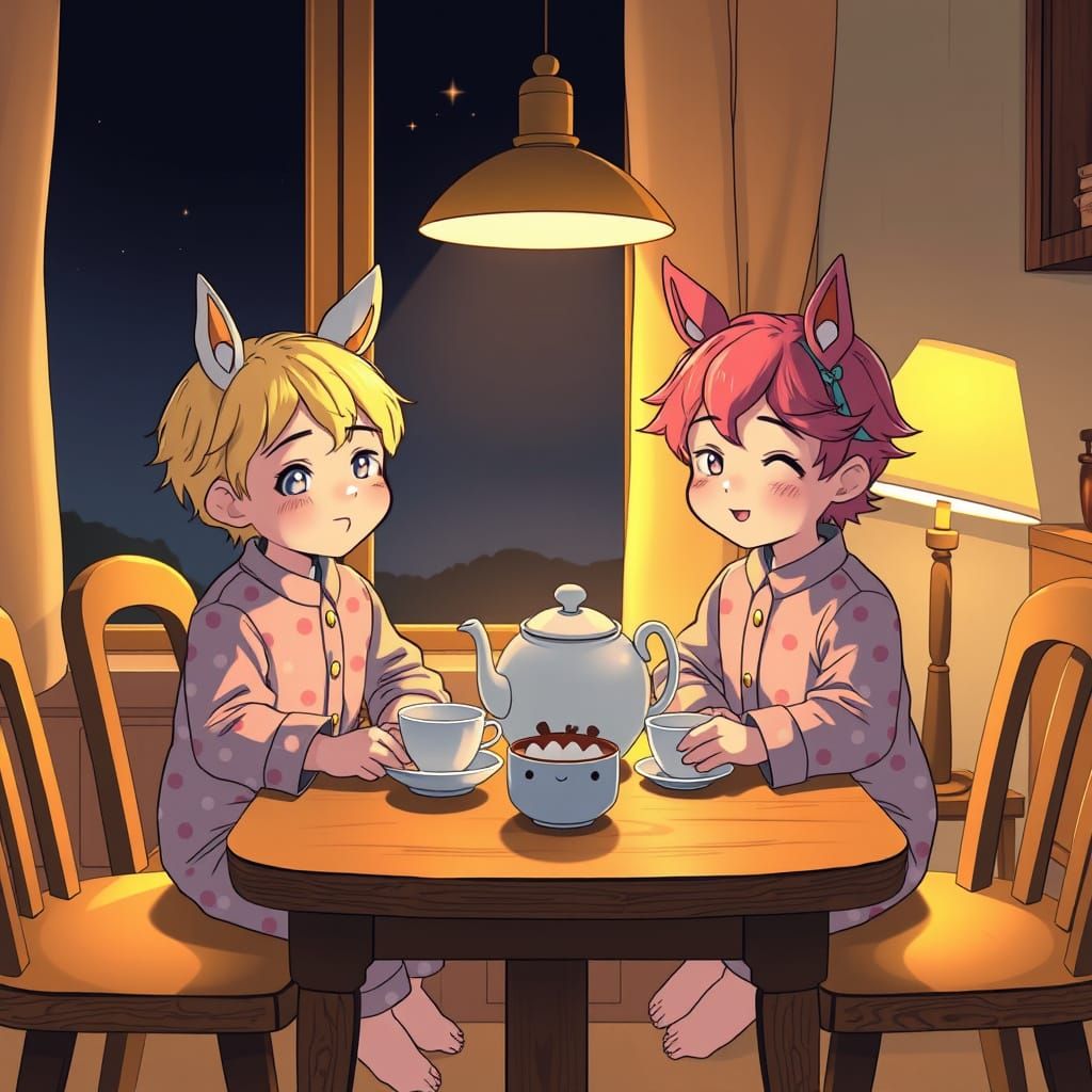 Two Boys with Horse Ears Enjoy a Cozy Nighttime Tea Party