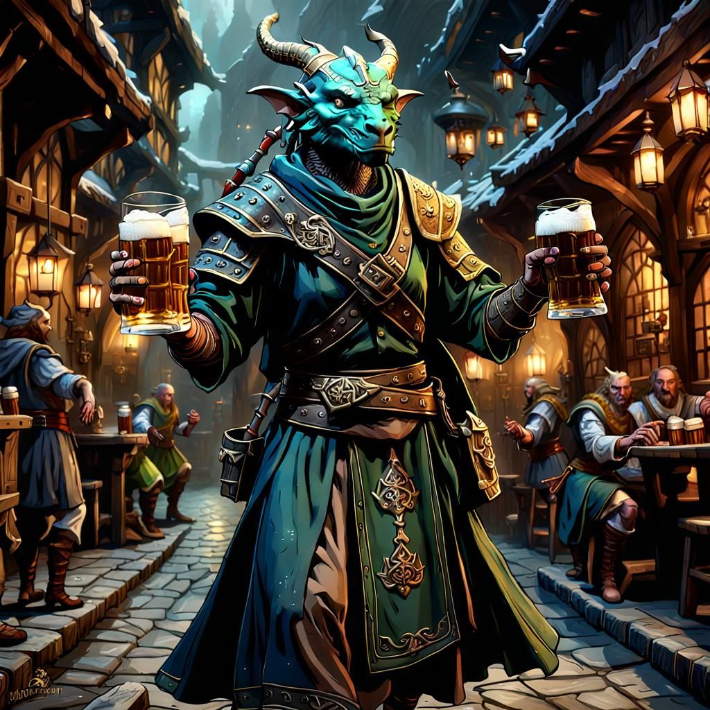 Dragonborn Monk Plays Bagpipes in Tavern, Fantasy Art