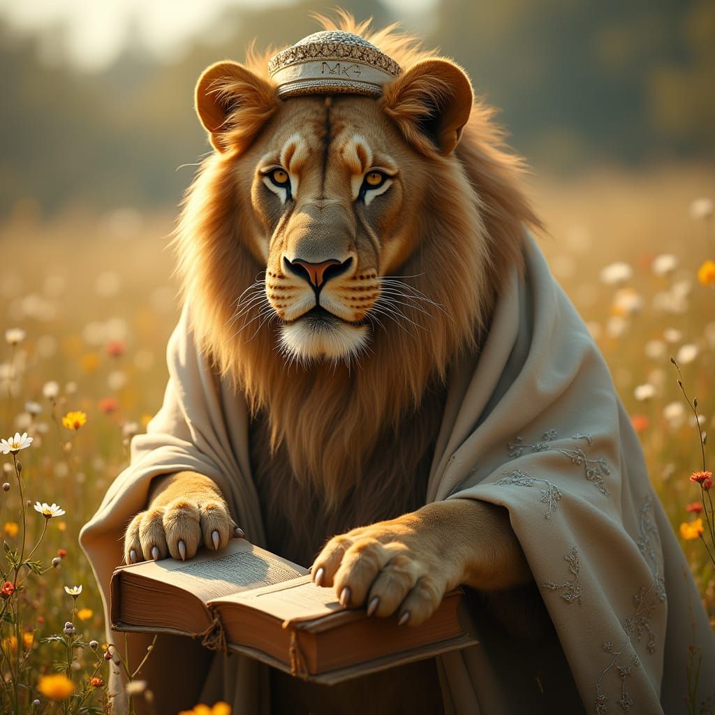 Majestic Lion in Traditional Attire, Surrounded by Wildflowe...