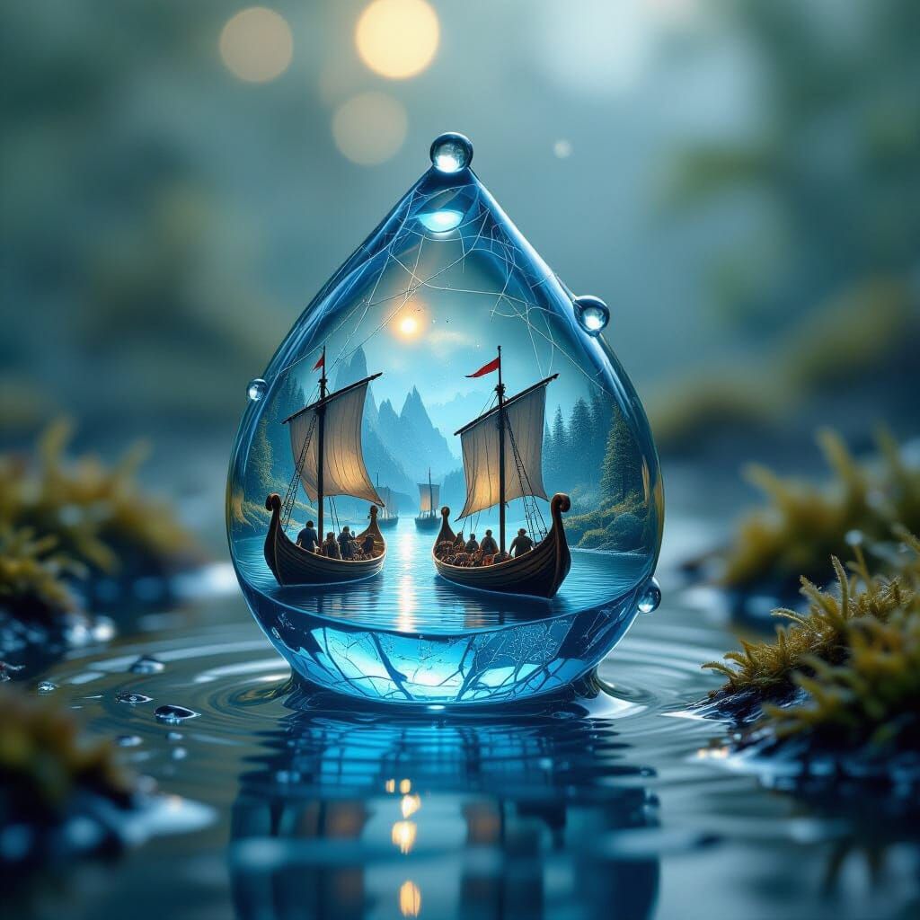 Picture a macro shot of a dewdrop clinging to a spiderweb, but the dewdrop contains a miniature Viking village inside. T...