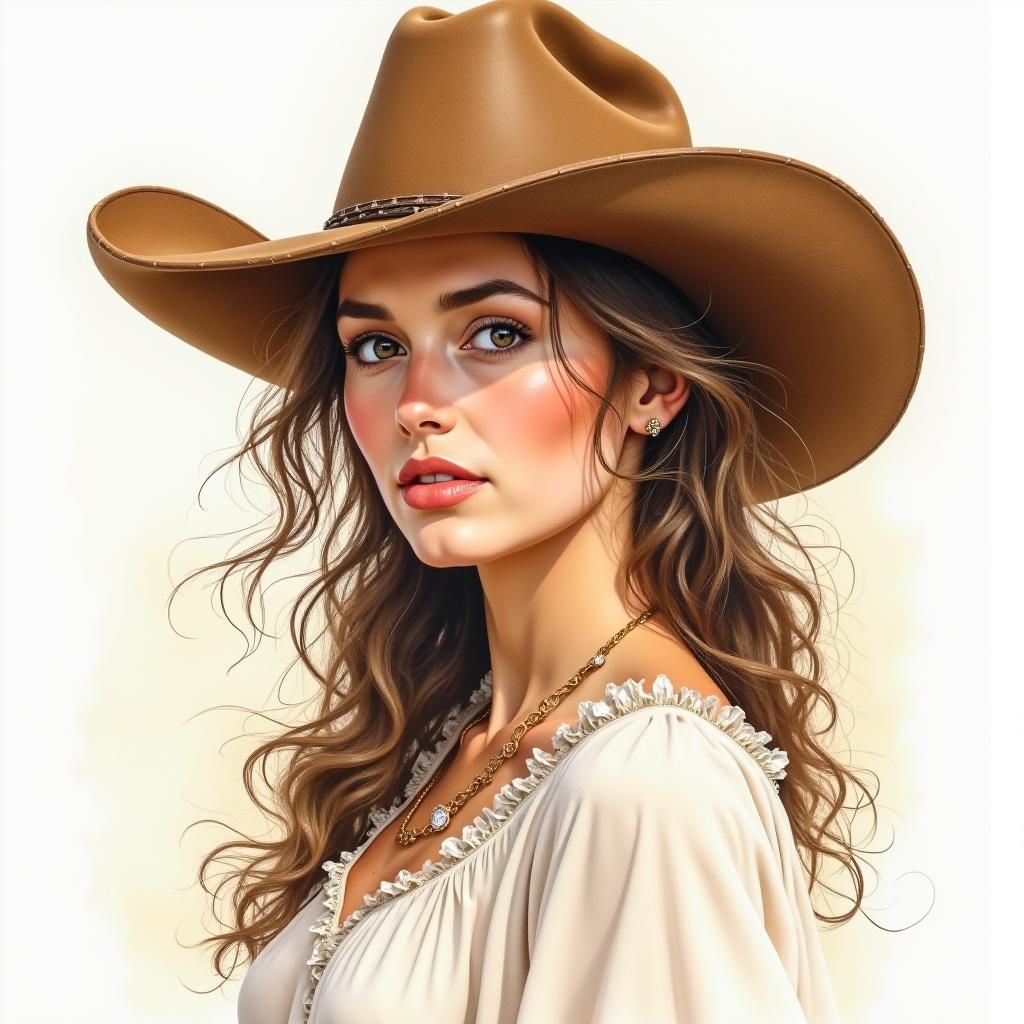 Cowgirl Watercolor Portrait in Dreamy, Ethereal Style