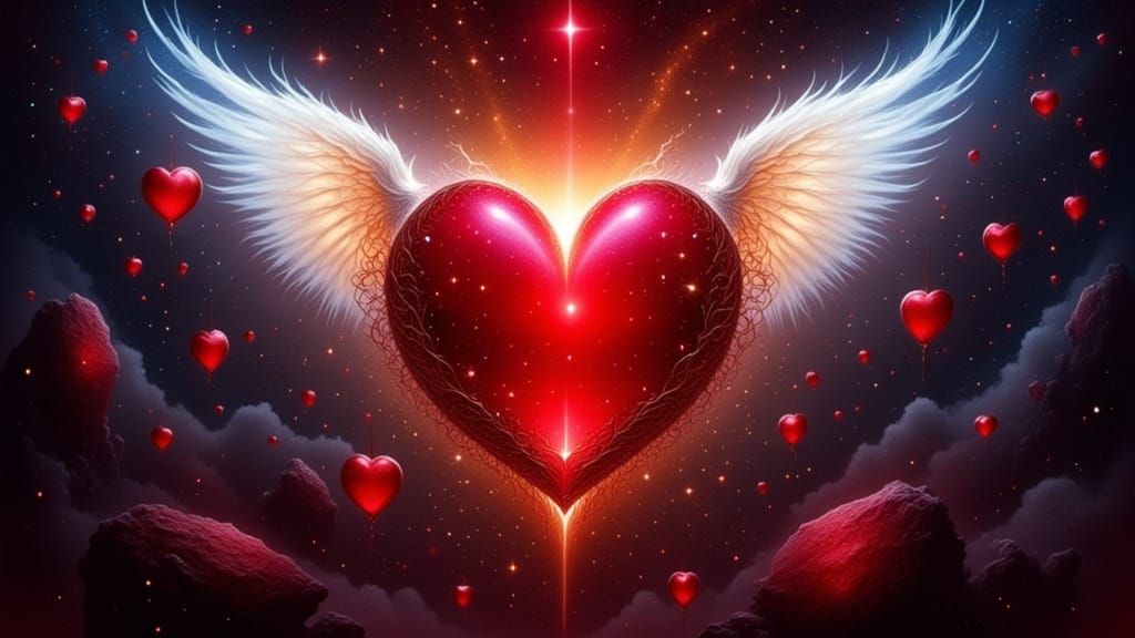 Fiery Crystal Heart with Wings in Surreal Style