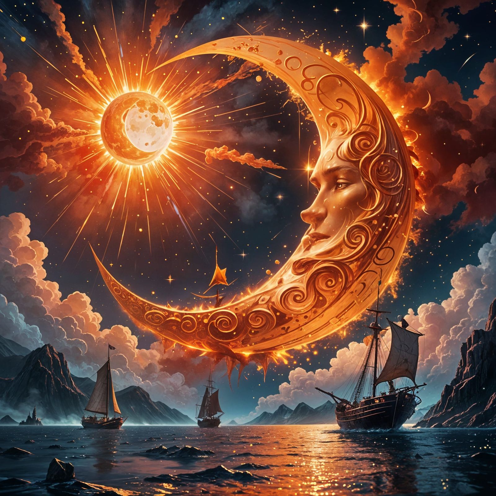 Surreal Crescent Moonscape in Pixel Art Style