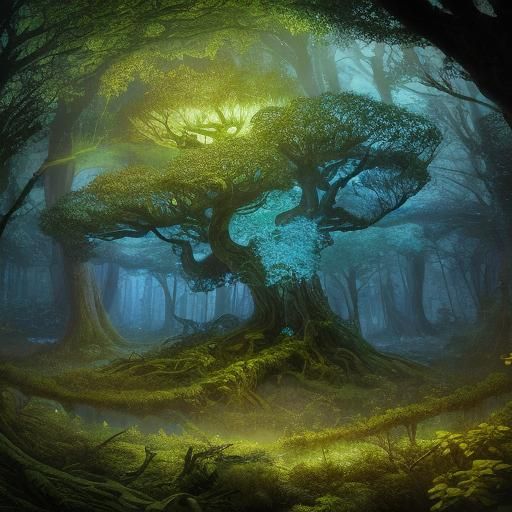 Mystical Forest with Glowing Mushrooms in Ethereal Light