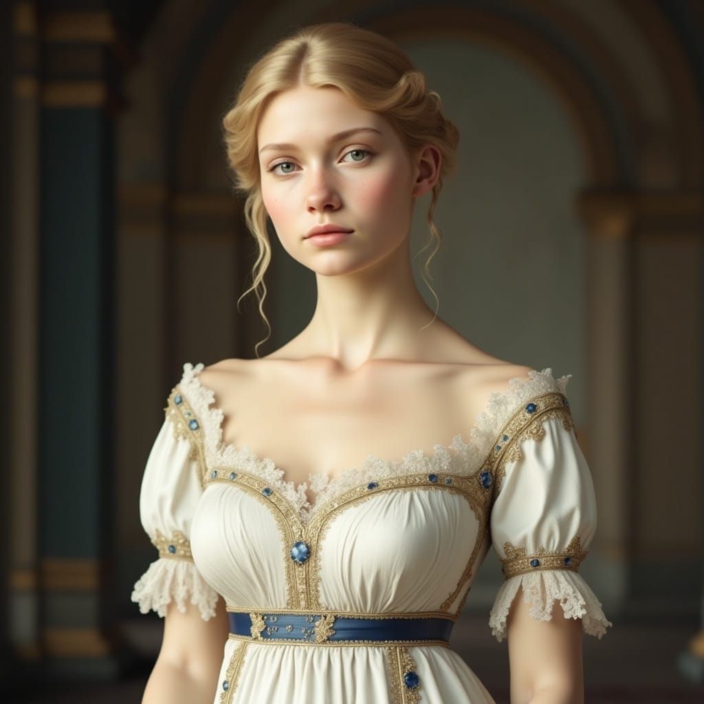 Blonde Girl in Elegant Regency Style Gown