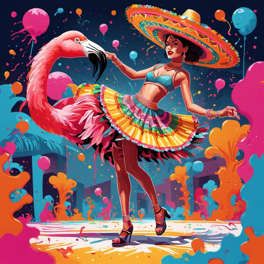 Flamingo Dances in Glittery Sombrero Pop Art