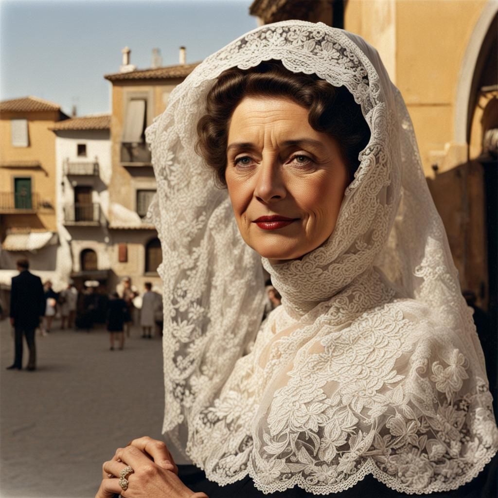 Spanish Lady in Hand-Embroidered Lace Mantilla