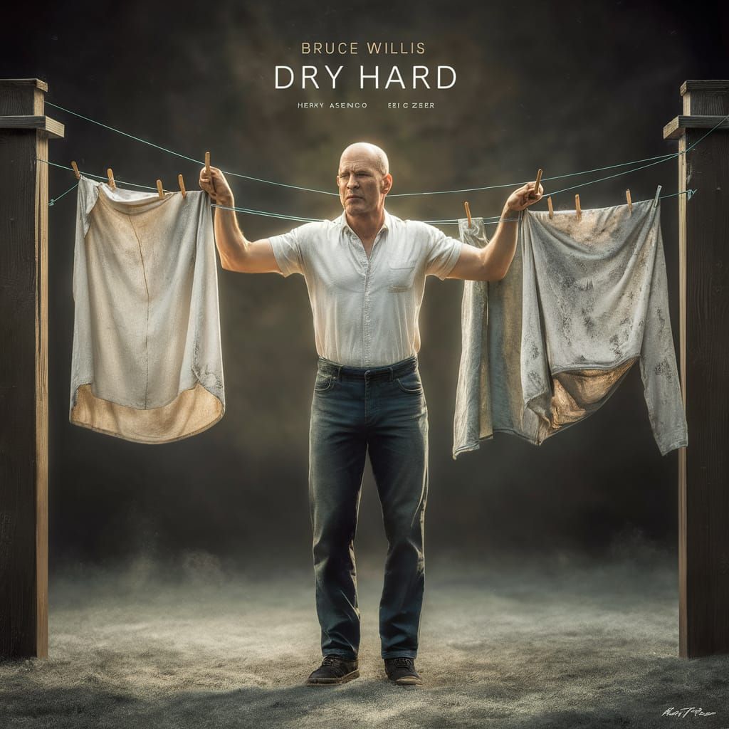 Bruce Willis Hanging Laundry: Ultrarealistic 16k Photo