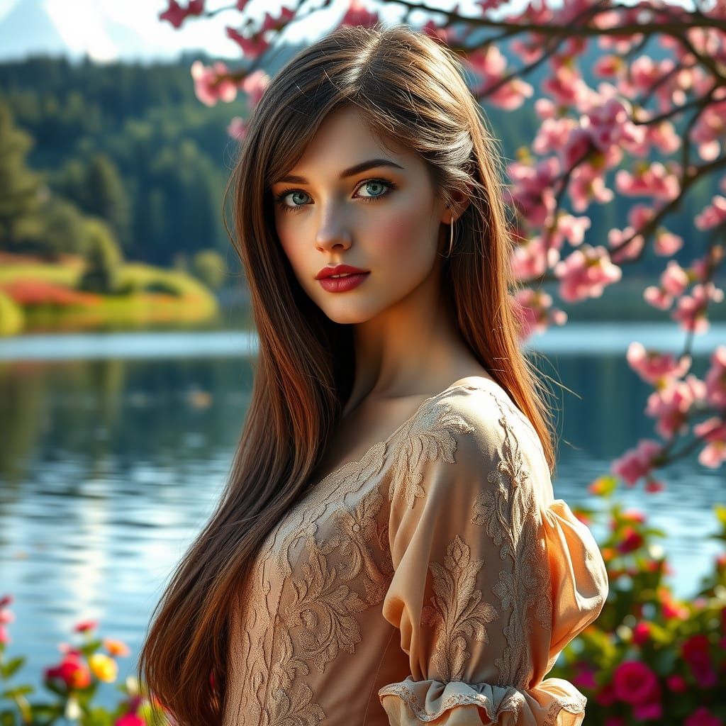 Elegance on the Lake: A Young Woman in Opulent Finery