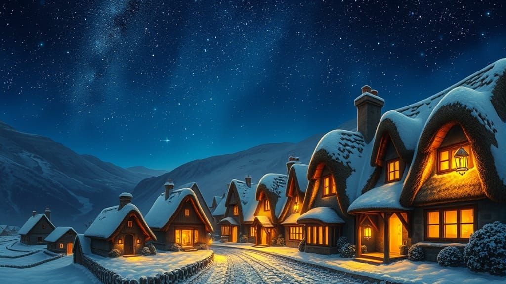 Whimsical Snowy Village Under Starry Night Sky