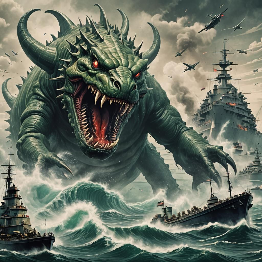 Giant Sea Monster Attacks Battleship, 1950s Sci-Fi Style