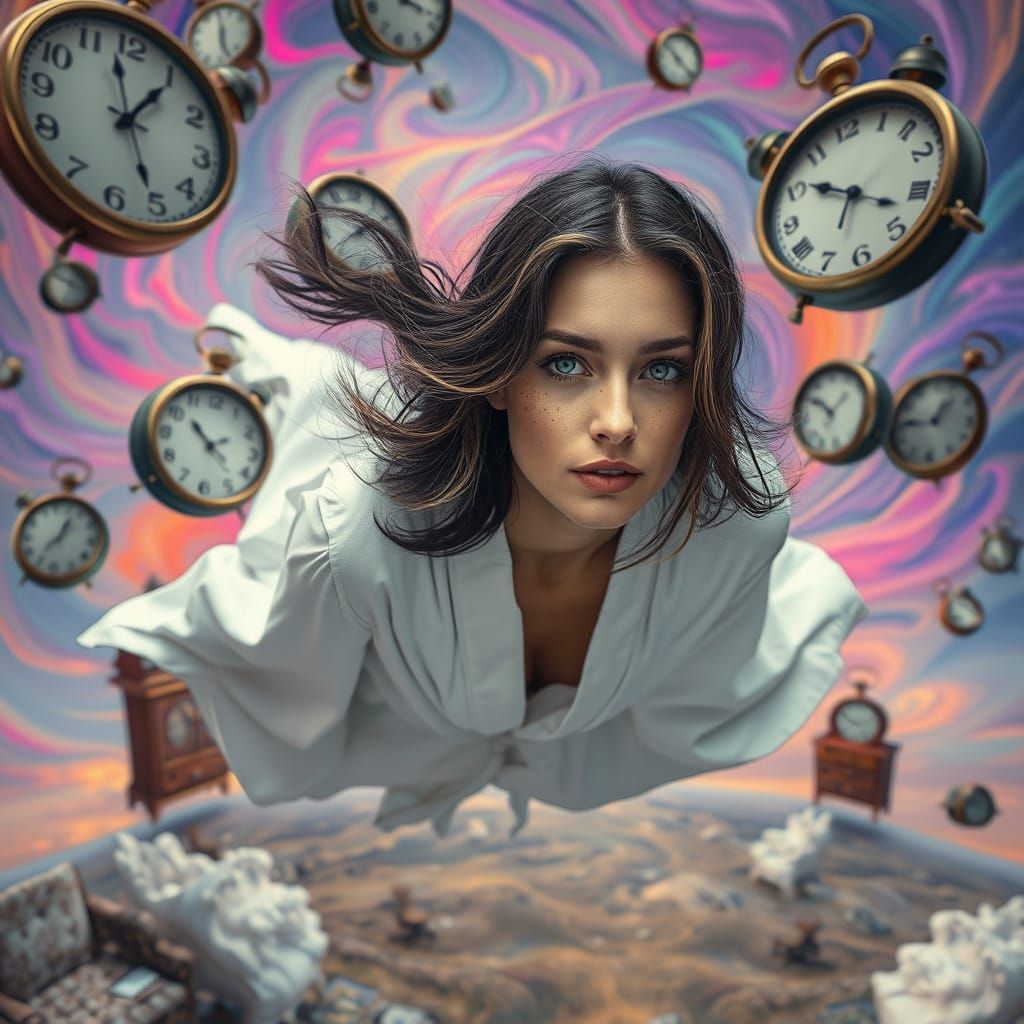 Surreal Dreamscape: Woman in Mid-Air Amidst Distorted Time
