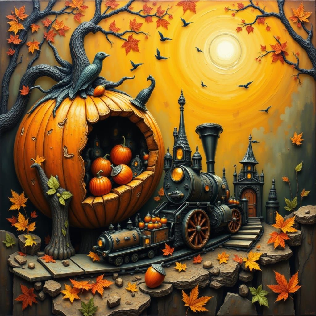 Whimsical Pumpkin Train Station with Autumn Foliage