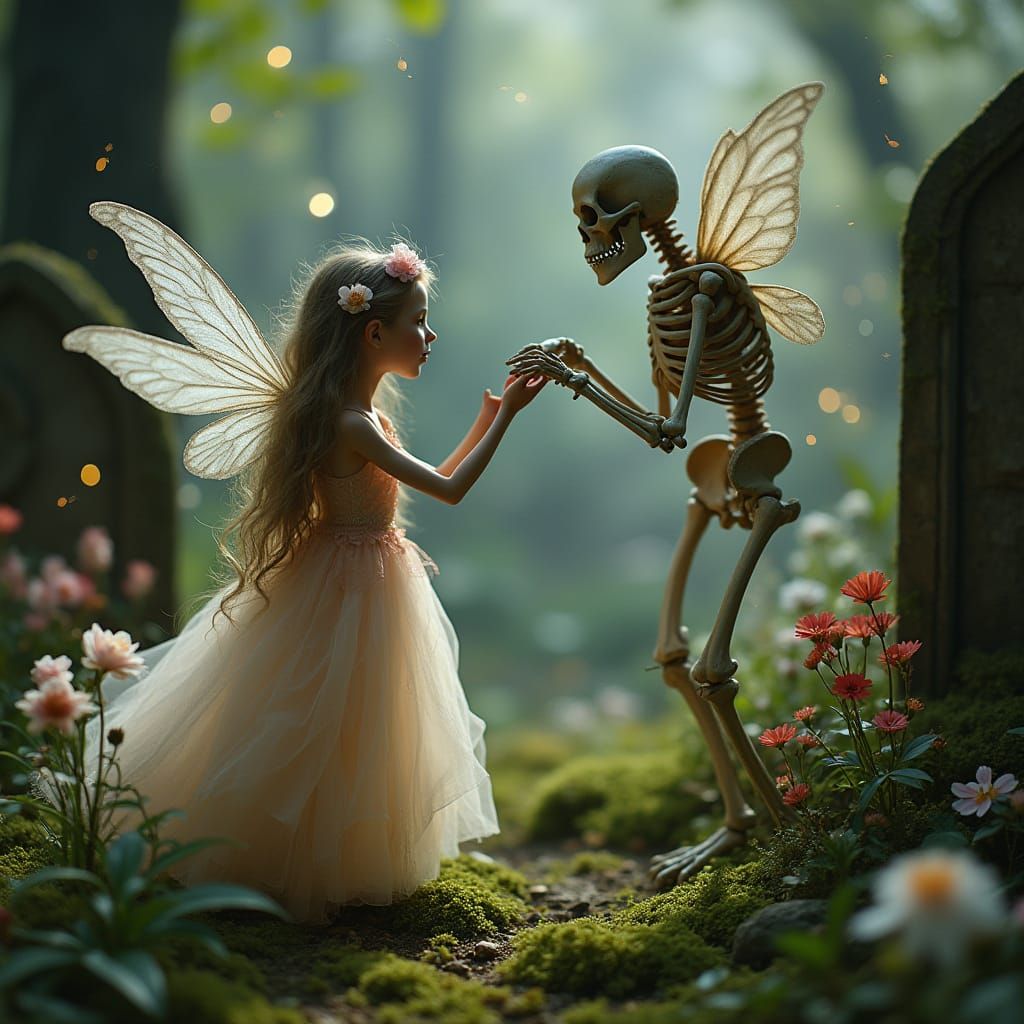 Fairy Cemetery with Skeleton Hand in Dreamlike Style