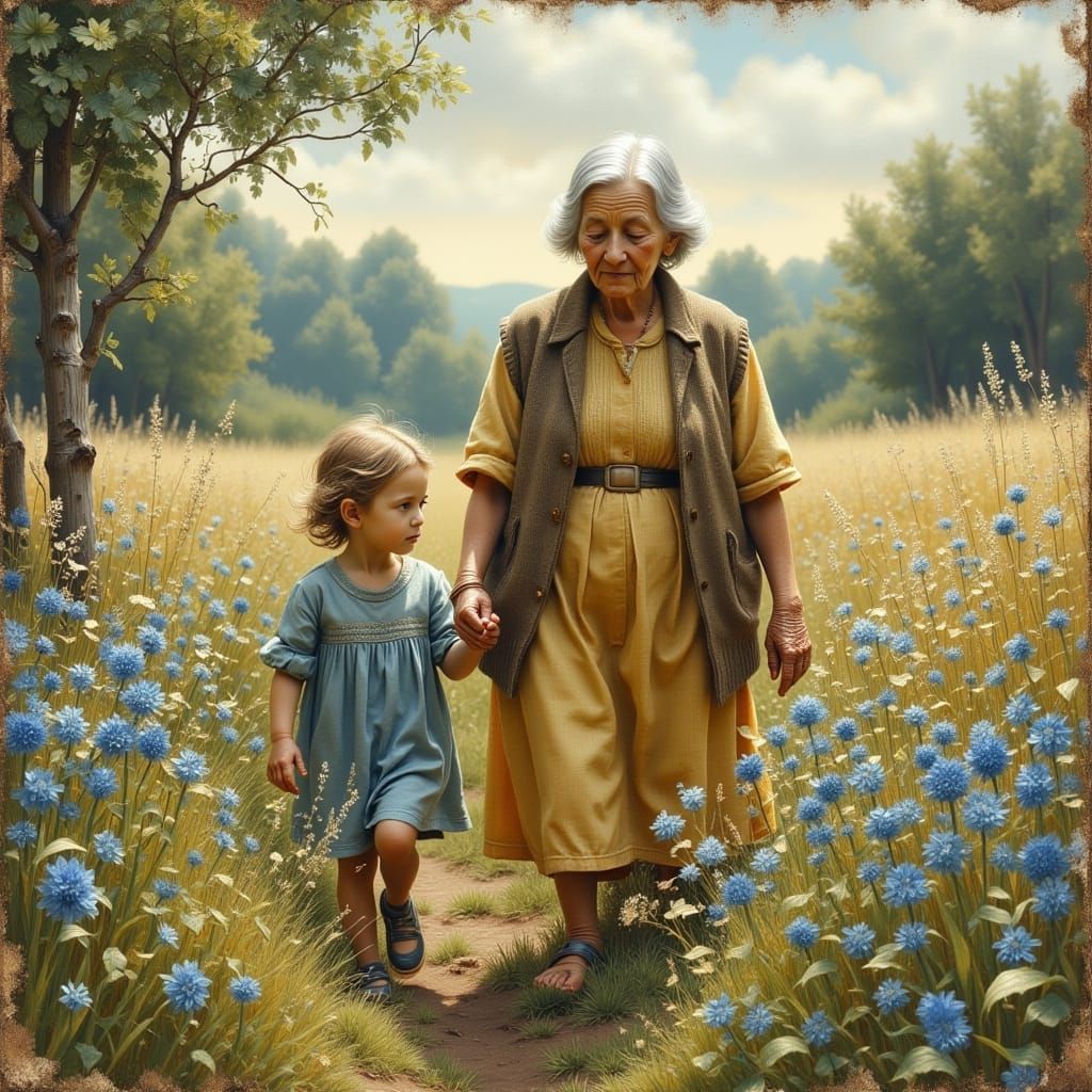 Elderly Grandmother and Child in Wildflower Field