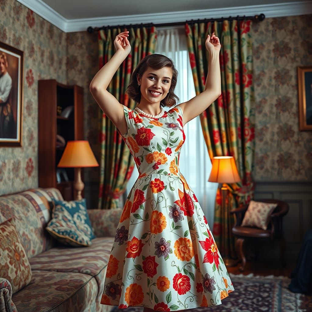 1950s Woman Hanging Curtains in Hyperrealistic Style