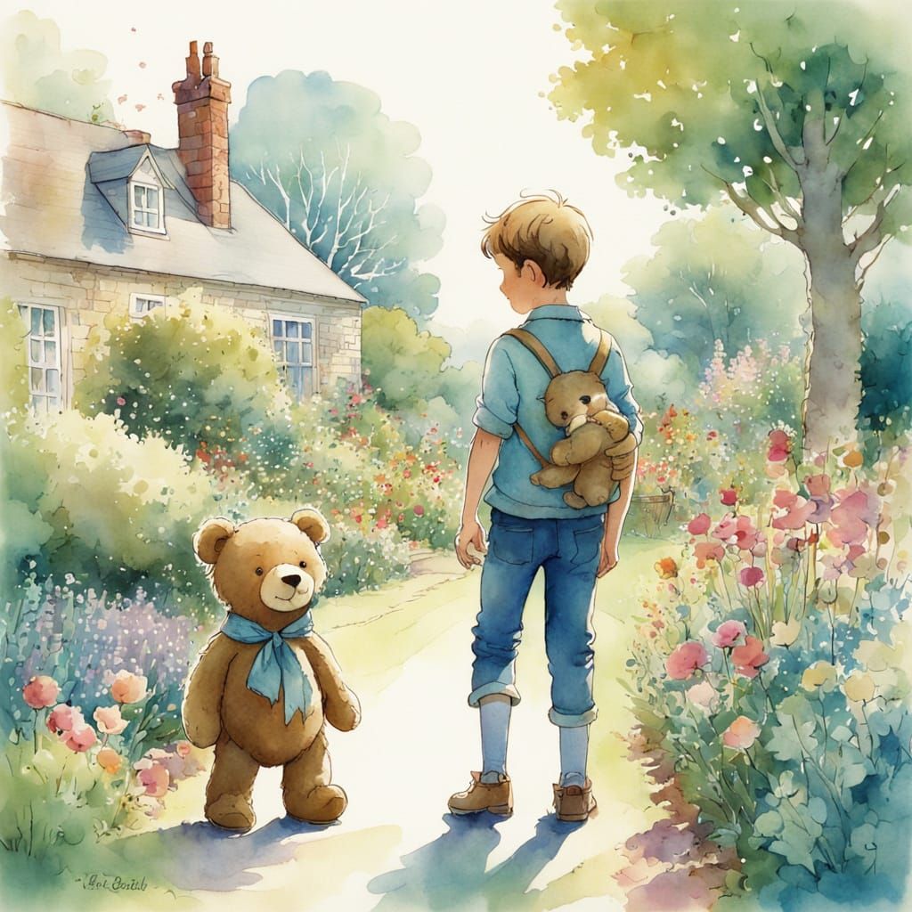 Boy and Teddy Bear in Garden, Watercolor Illustration