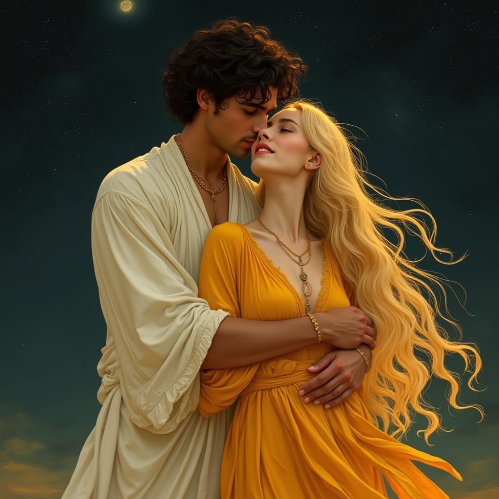 Man in White Embraces Saffron Robed Woman in Dreamy Nighttim...